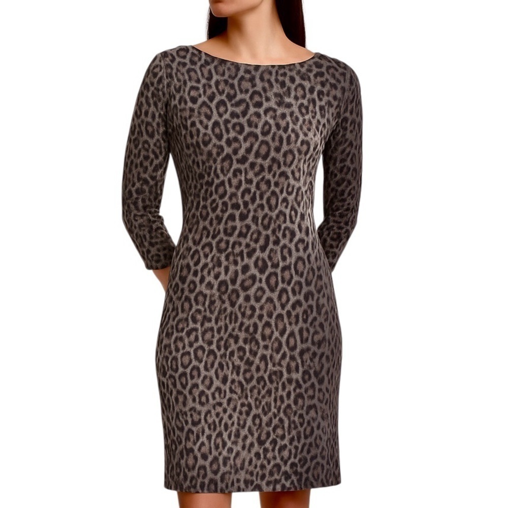 RALPH LAUREN Sweater Dress Knit Leopard Print Round Neck 3/4 Sleeve Grey Brown S